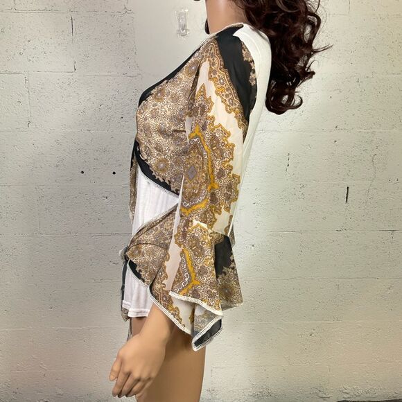 Zone Bleue Paris white with scarf print double tie front bell sleeves blouse S - Picture 5 of 7